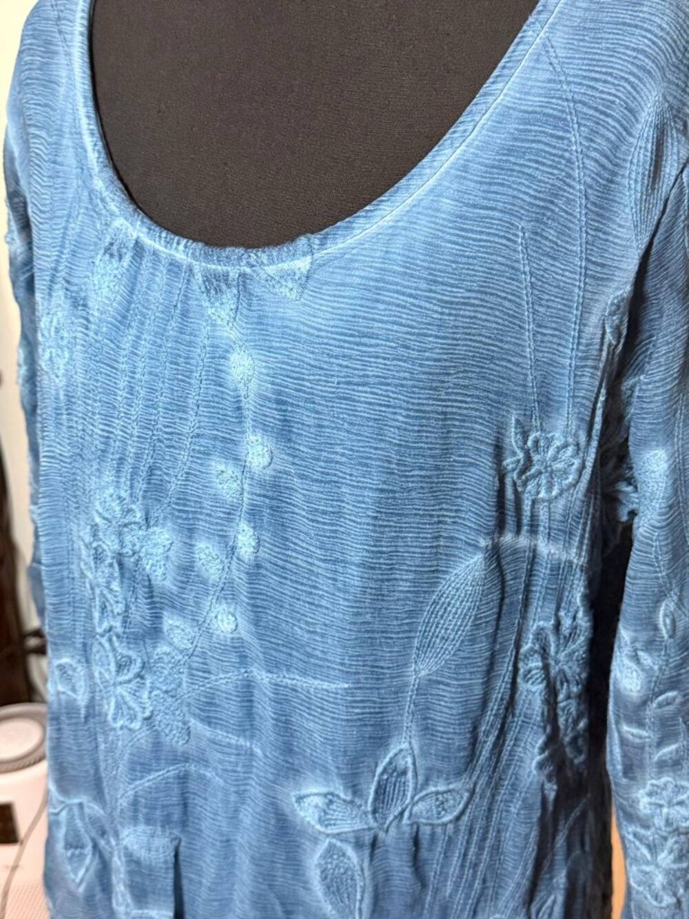 Soft Surroundings Cottagecore Blue Silk Floral Crinkle Dress Sz L - Picture 3 of 6